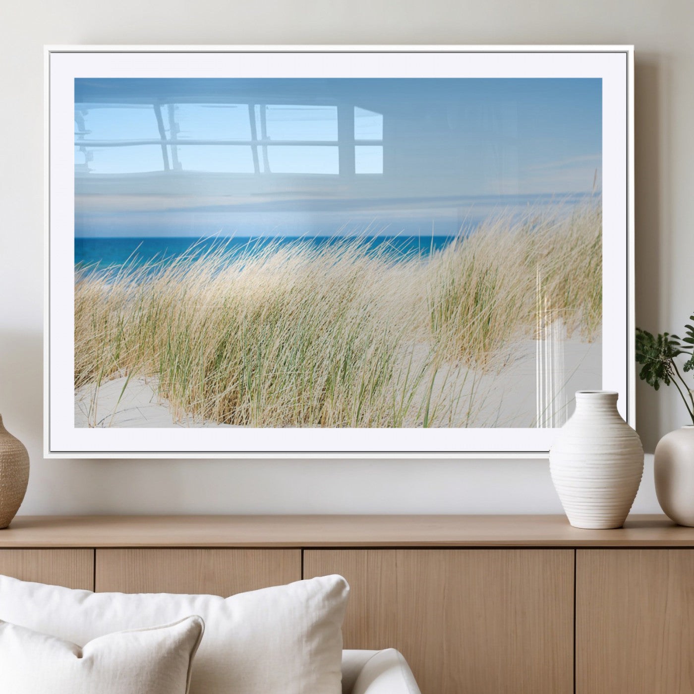 96913-MGC-FP-36x24_White-Coastal Dunes Wall Art – Serene Beach Grass and Blue Ocean Canvas Print, Relaxing Seaside Nature Decor for Living Room, Bedroom or