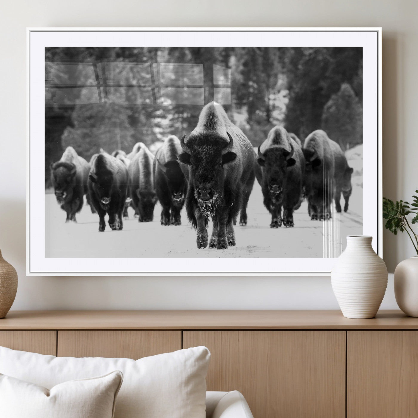 62434-MGV-CV-36X24-Bison Herd Wall Art – Majestic Black and White Buffalo Canvas Print, Wildlife Nature Photography Decor for Living Room, Office or