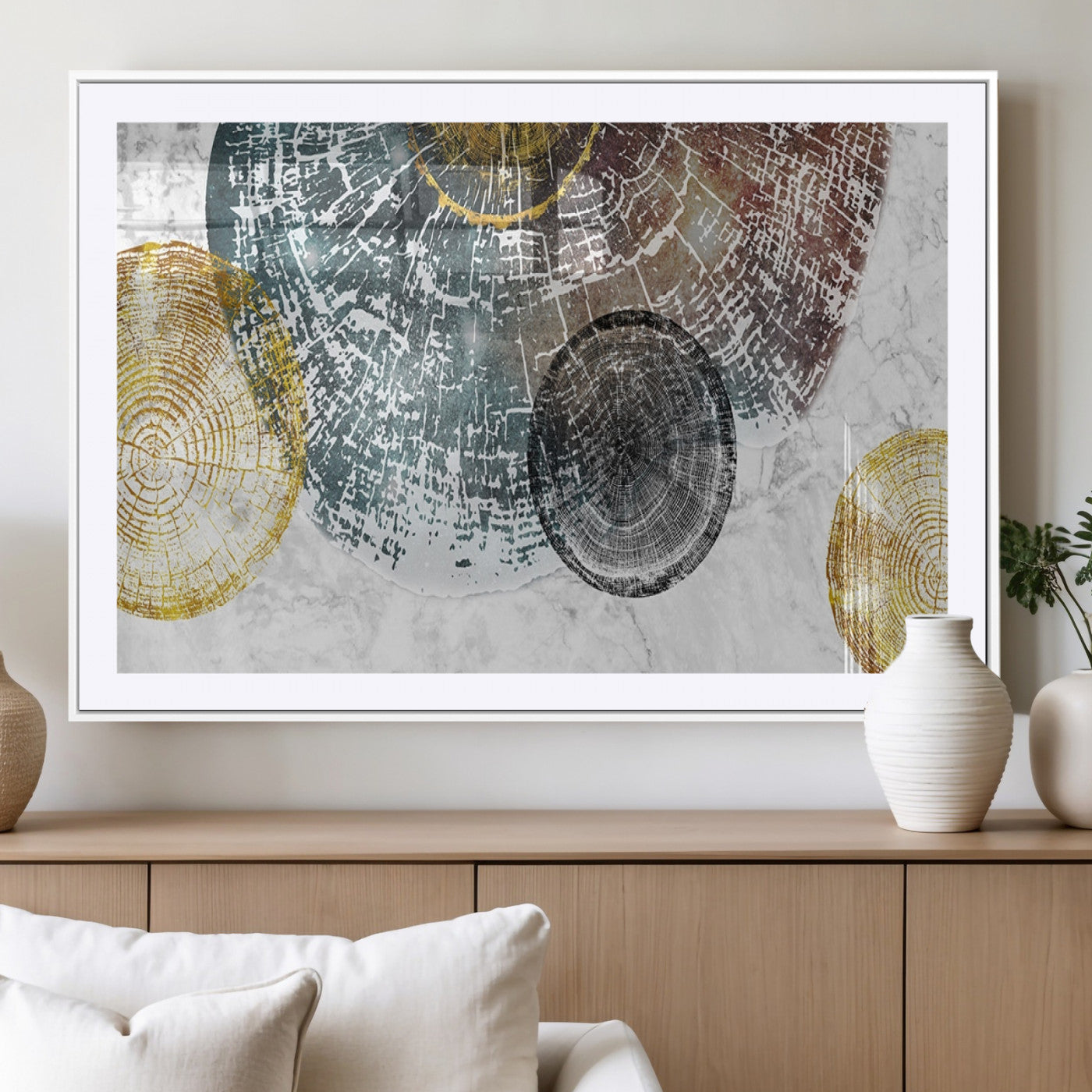 70653-MGV-CV-36X24-Abstract Tree Ring Wall Art – Modern Rustic Wood Slice Canvas Print with Gold Accents, Contemporary Nature Decor for Living Room,