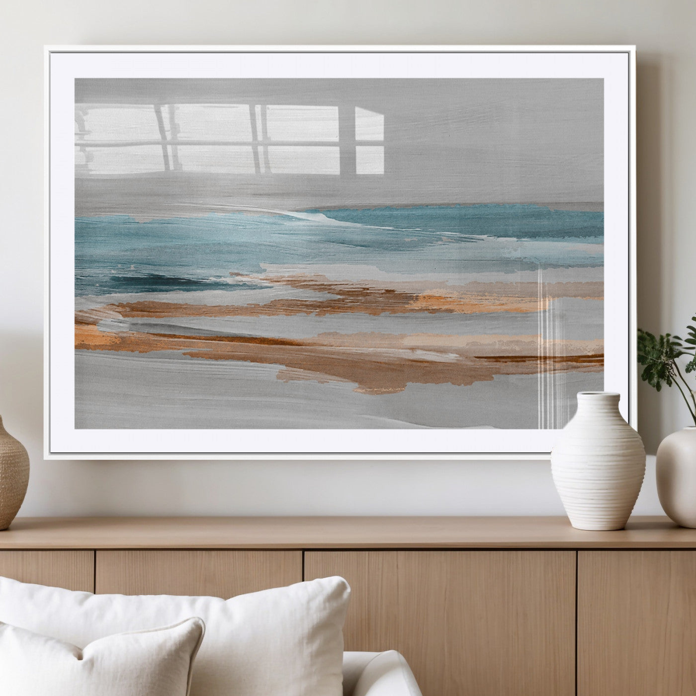 23430-MGC-FP-36x24_White-Abstract Coastal Wall Art – Modern Ocean Horizon Canvas Print, Minimalist Beach Scene Painting for Bedroom, Living Room, Office or