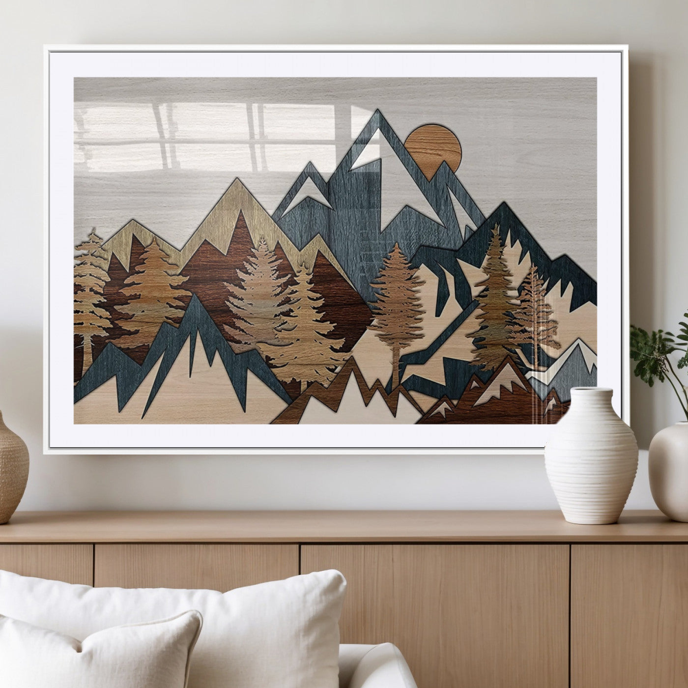 67950-MGC-FP-36x24_White-Modern Wood Wall Art Canvas Print, Framed Mountain Range Art Picture Print, Wood Mountain Range Perfect Rustic Decor Artwork