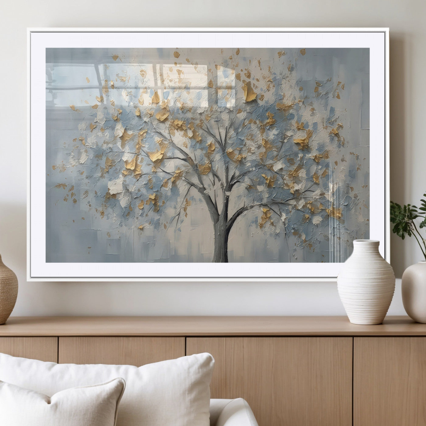 65811-MGC-FP-36x24_White-Abstract Tree Wall Art – Textured Canvas Painting with Gold and White Leaves, Modern Nature Inspired Decor for Living Room or