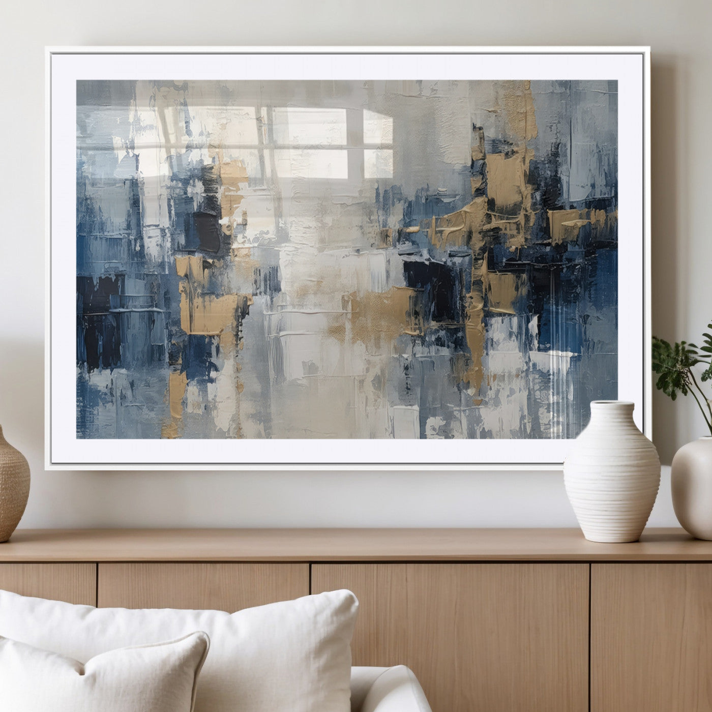 44344-MGV-CV-36X24-Abstract Blue and Gold Wall Art – Modern Hand Painted Canvas Print, Contemporary Textured Painting for Living Room, Bedroom or