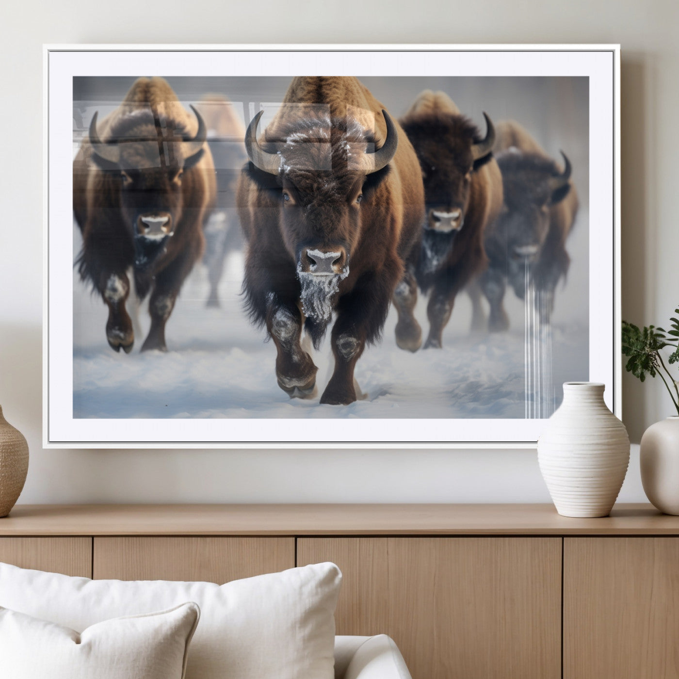 80512-MGC-FP-36x24_White-Bison Herd Wall Art – Buffalo Running in Snow Canvas Print, Rustic Wildlife Photography Decor for Cabin, Lodge, or Living Room