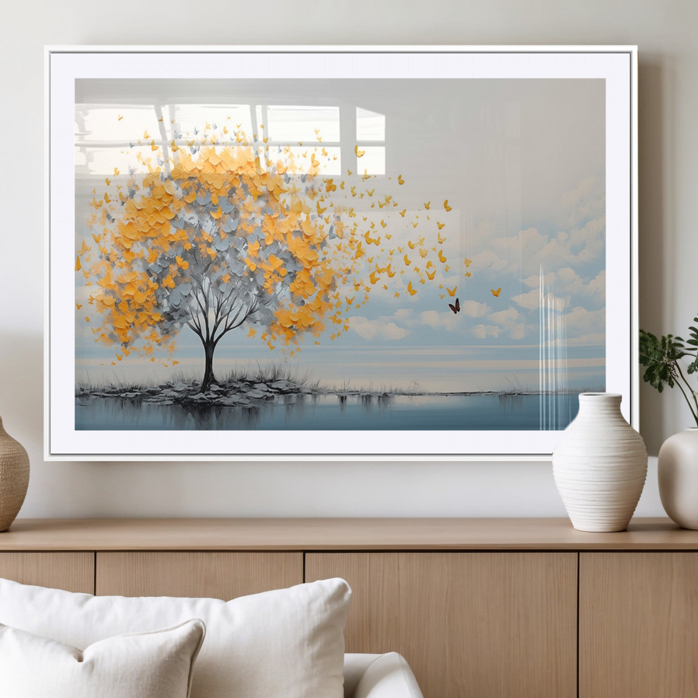 23385-MGV-CV-36X24-Golden Butterfly Tree Wall Art – Abstract Yellow and Gray Canvas Print, Modern Nature Artwork for Living Room, Bedroom or Office