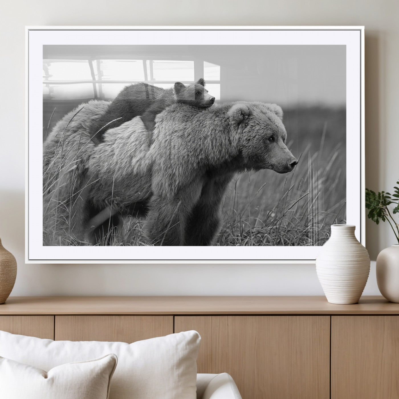 76338-MGV-CV-36X24-Mother Bear and Cub Wall Art – Black and White Wildlife Canvas Print, Rustic Nature Photography for Cabin, Living Room or Office