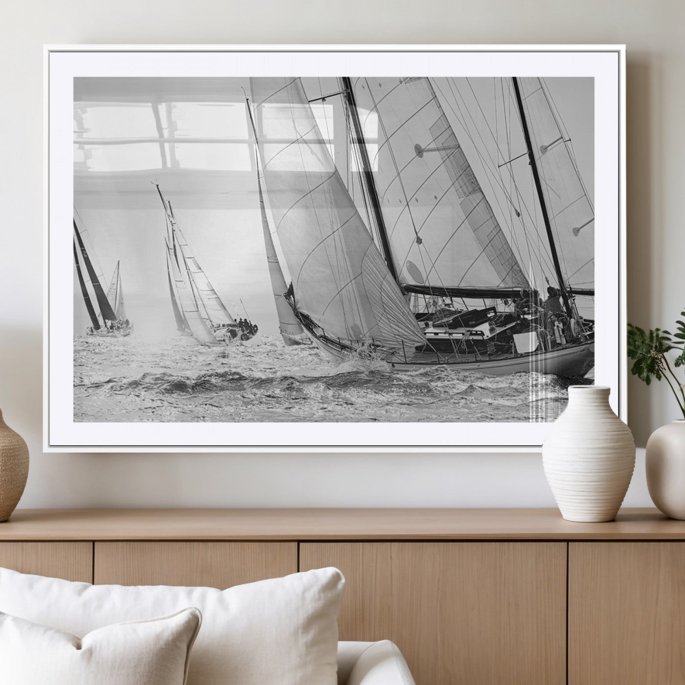 Boat-1-MGC-FP-36x24_White-Sailboat Racing Wall Art – Nautical Black and White Canvas Print, Ocean Adventure Decor for Office, Living Room or Bedroom