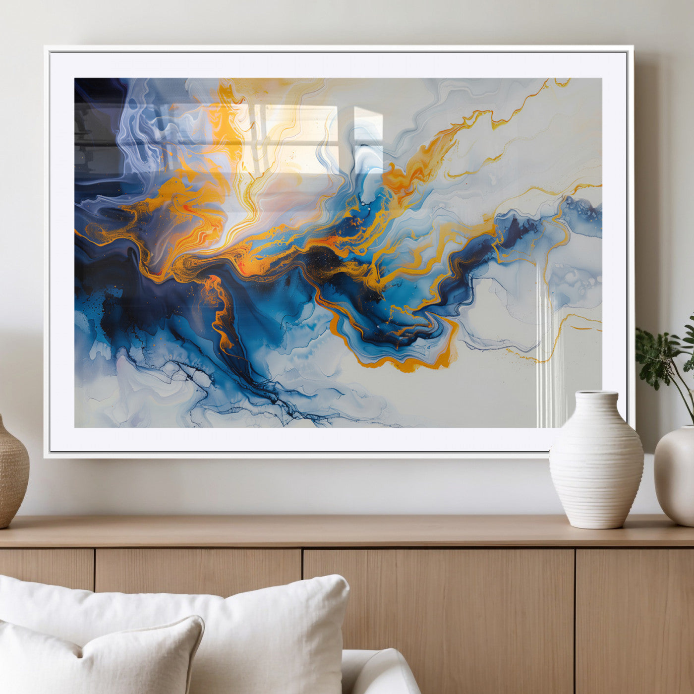 83720-MGV-CV-36X24-Abstract Fluid Wall Art – Blue, White and Gold Swirl Canvas Painting, Modern Contemporary Artwork for Living Room, Bedroom or