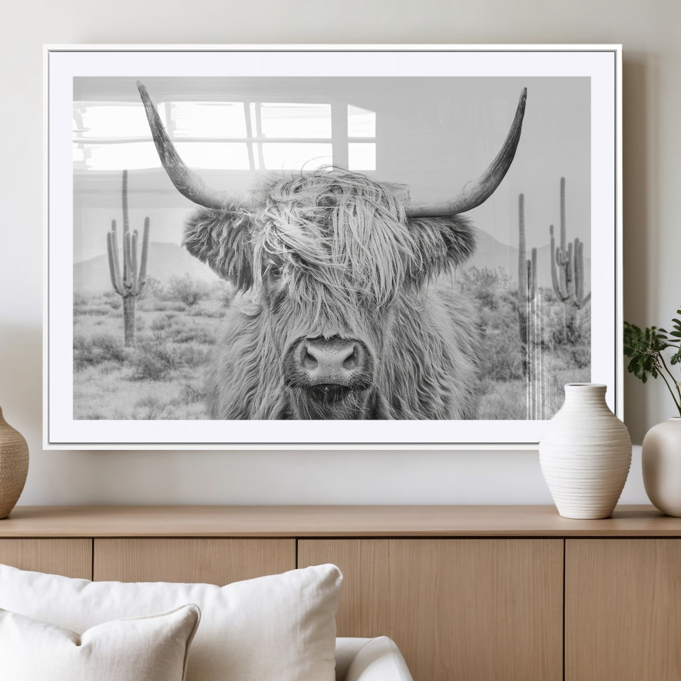 94579-MGC-FP-36x24_White-Highland Cow Wall Art – Black and White Longhorn Canvas Print, Rustic Western Farmhouse Animal Photography for Living Room,