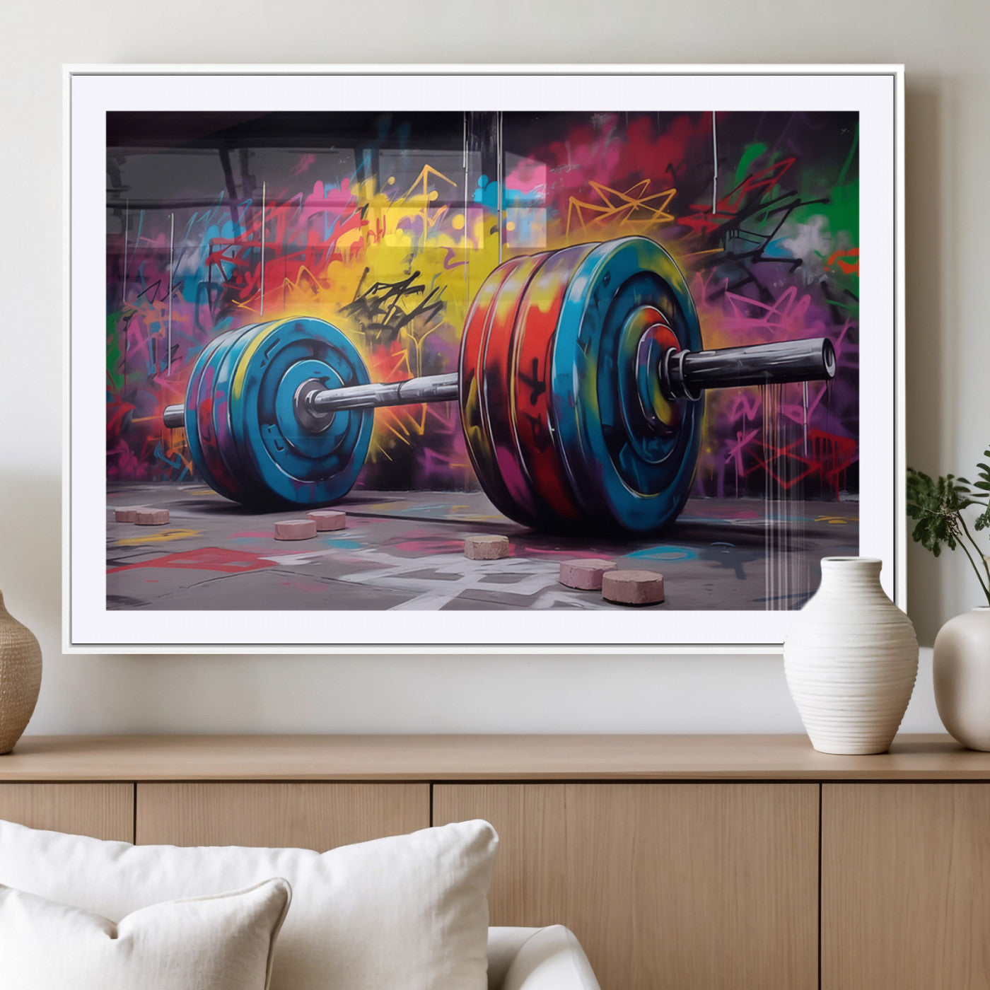 13549-MGV-CV-36X24-Graffiti Gym Wall Art Canvas Print, Framed Graffiti Barbell Art Picture Print, Weightlifting Perfect Fitness Studio Decor Artwork