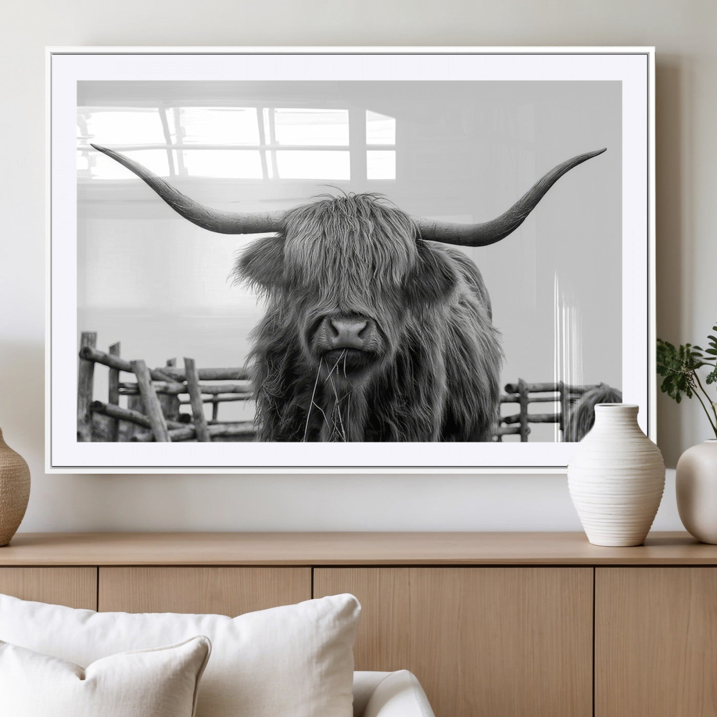 58188-MGV-CV-36X24-Highland Cow Wall Art – Black and White Rustic Farmhouse Canvas Print, Longhorn Cattle Photography Decor for Living Room or