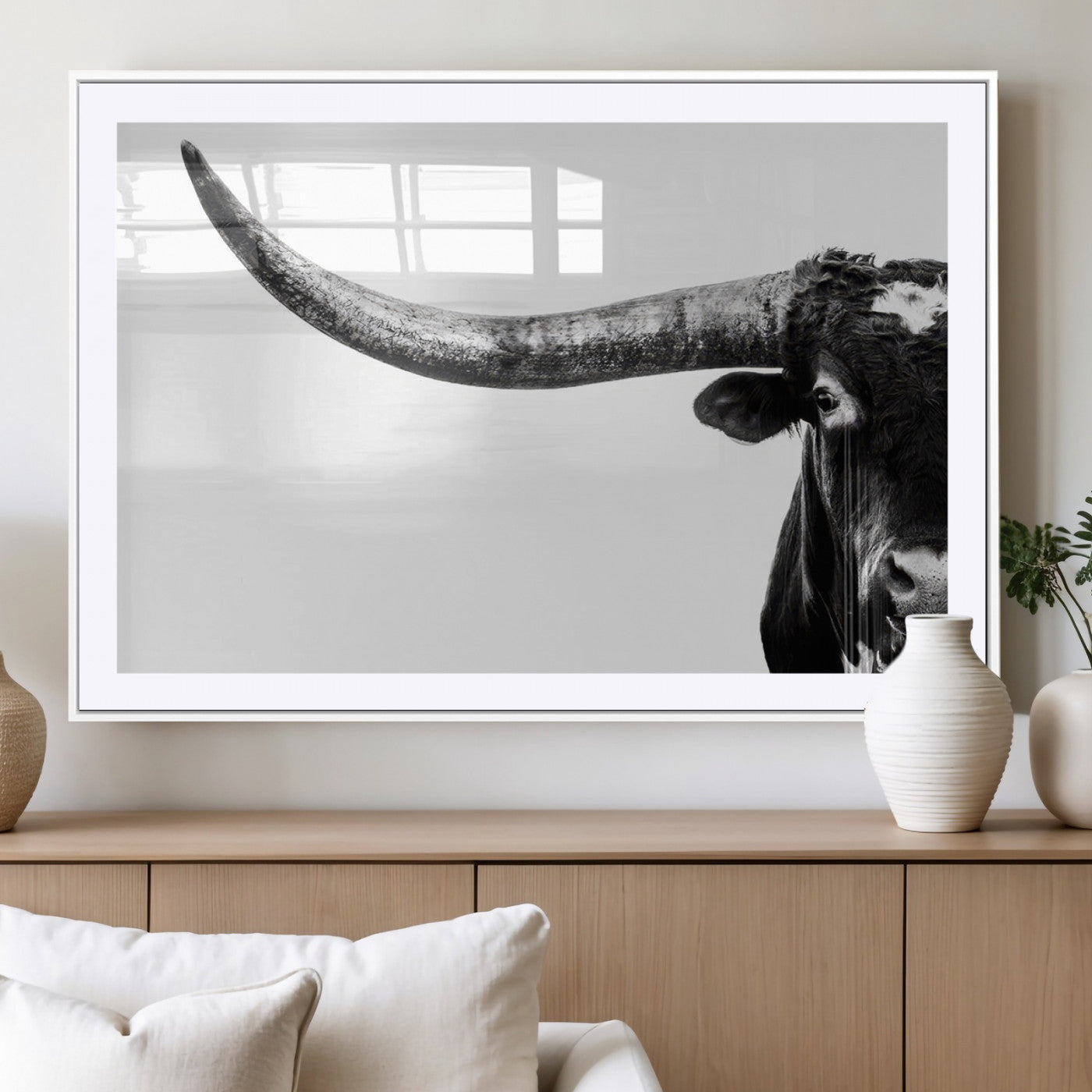 31699-MGV-CV-36X24-Longhorn Wall Art – Black and White Texas Longhorn Cow Canvas Print, Rustic Western Farmhouse Artwork for Living Room, Bedroom or