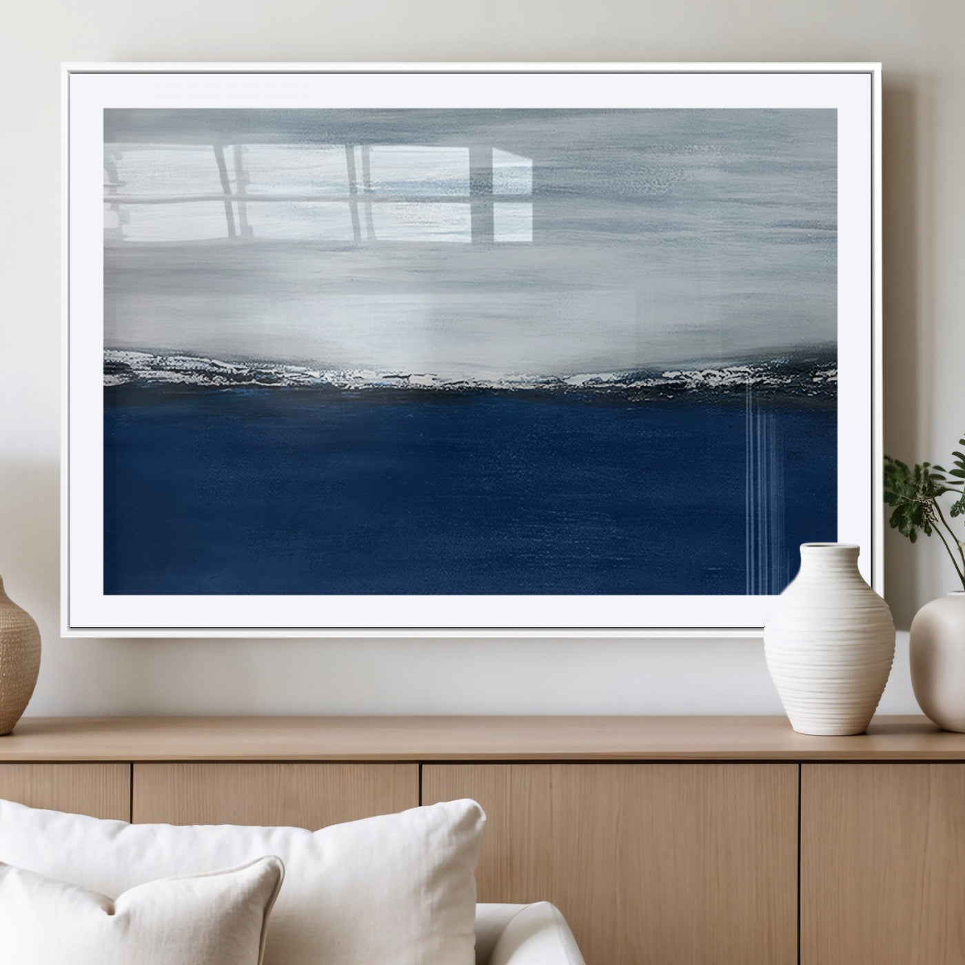62197-MGC-FP-36x24_White-Abstract Ocean Wall Art – Minimalist Blue and White Canvas Print, Modern Coastal Seascape Painting for Bedroom, Living Room or