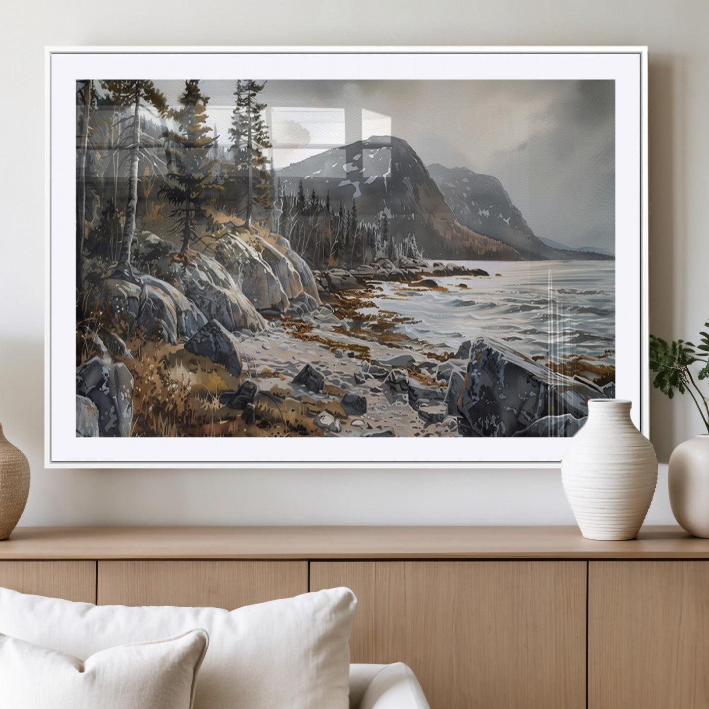 41281-MGC-FP-36x24_White-Rocky Shoreline Wall Art – Panoramic Mountain Coast and Forest Canvas Print, Rustic Nature Landscape Decor for Cabin, Lodge, or