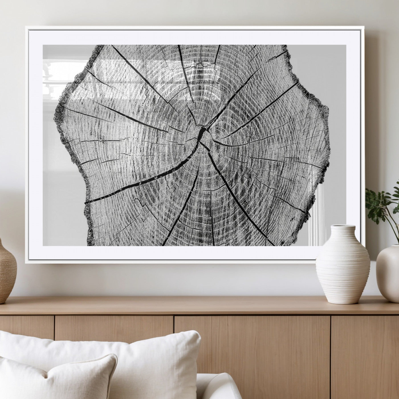 98709-MGC-FP-36x24_White-Tree Ring Wall Art – Black and White Canvas Print Rustic Wood Cross Section, Minimal Nature Inspired Decor for Living Room,