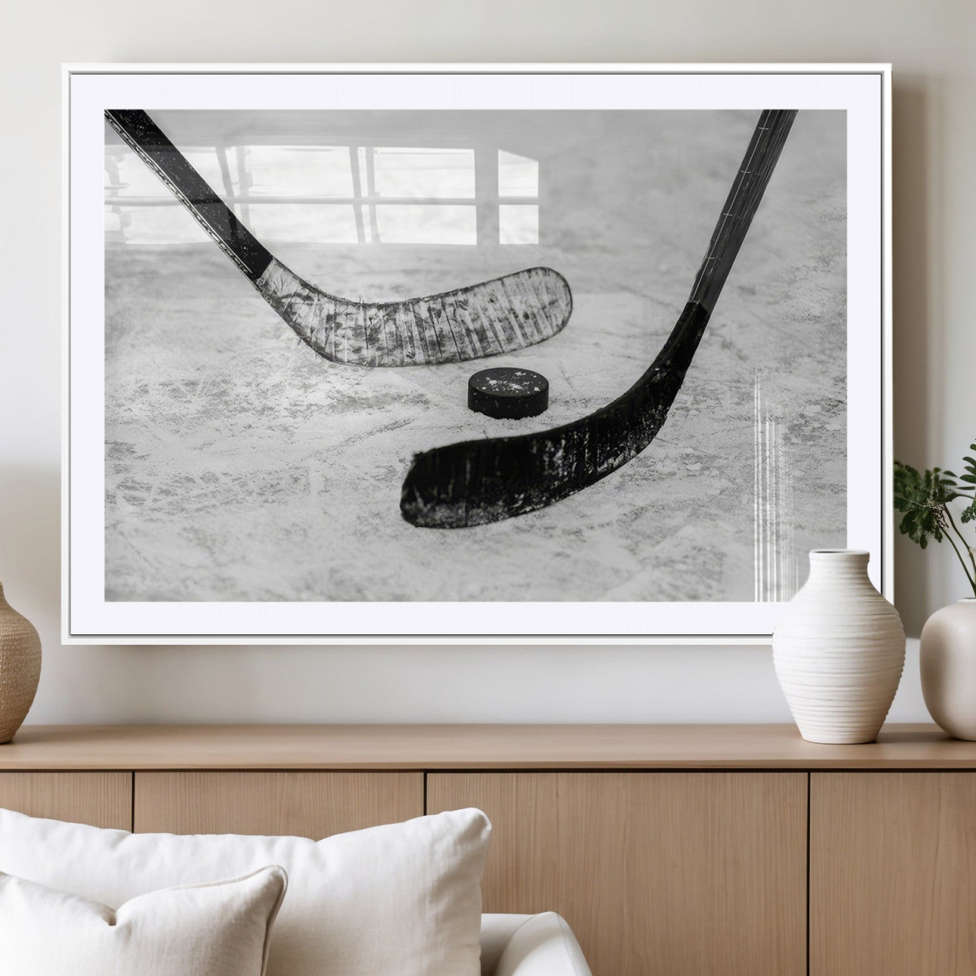 82900-MGV-CV-36X24-Hockey Wall Art – Black and White Canvas Print Ice Rink Sticks Puck Sports Photography, Modern Decor for Game Room, Man Cave,