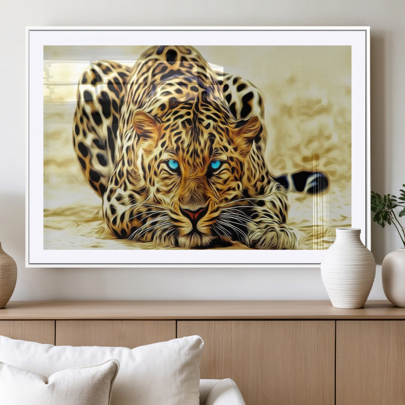 45281-MGC-FP-36x24_White-Blue Eye Leopard Wall Art Canvas Print, Framed Leopard Painting Art Picture Print, Big Cat Perfect Safari Wildlife Decor Artwork