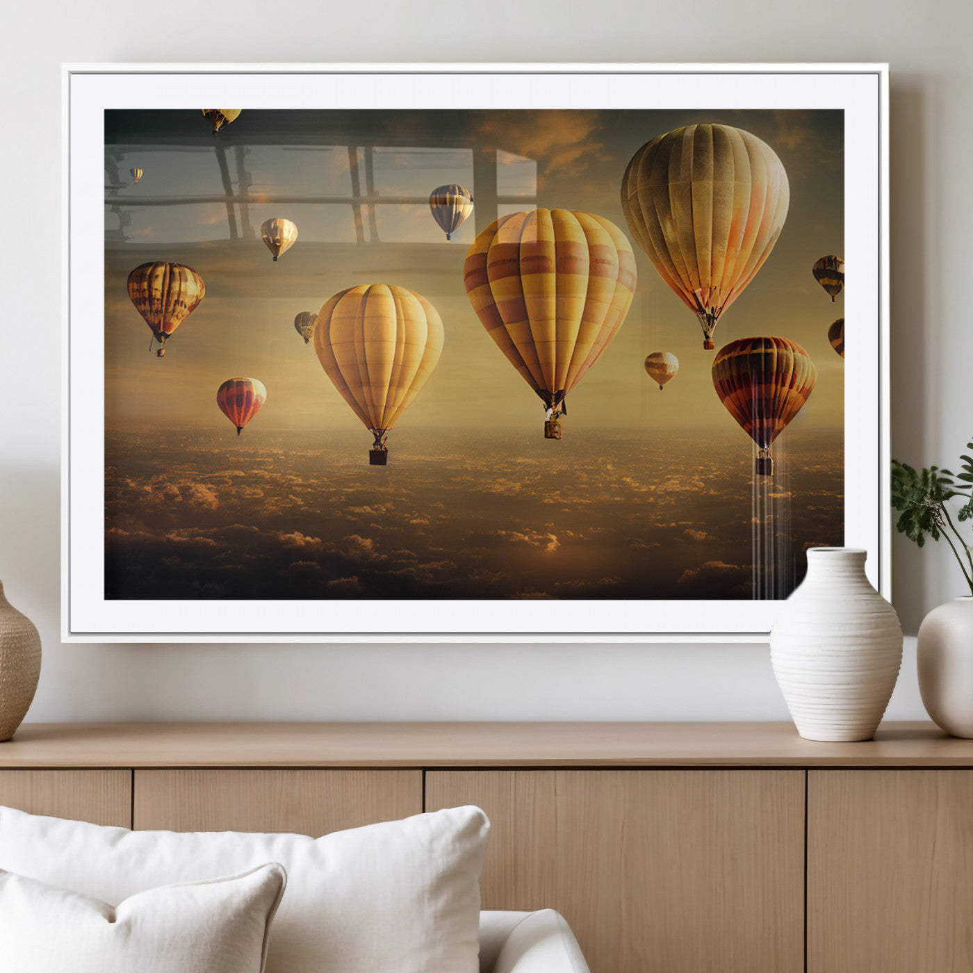 90856-MGC-FP-36x24_White-Hot Air Balloon Wall Art Canvas Print, Framed Cappadocia Art Picture Print, Cappadocia Balloon Perfect Vintage Travel Decor