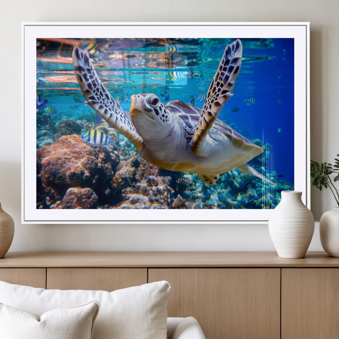 12683-MGV-CV-36X24-Sea Turtle Wall Art – Graceful Ocean Canvas Print with Coral Reef and Tropical Fish, Coastal Marine Life Decor for Beach House,