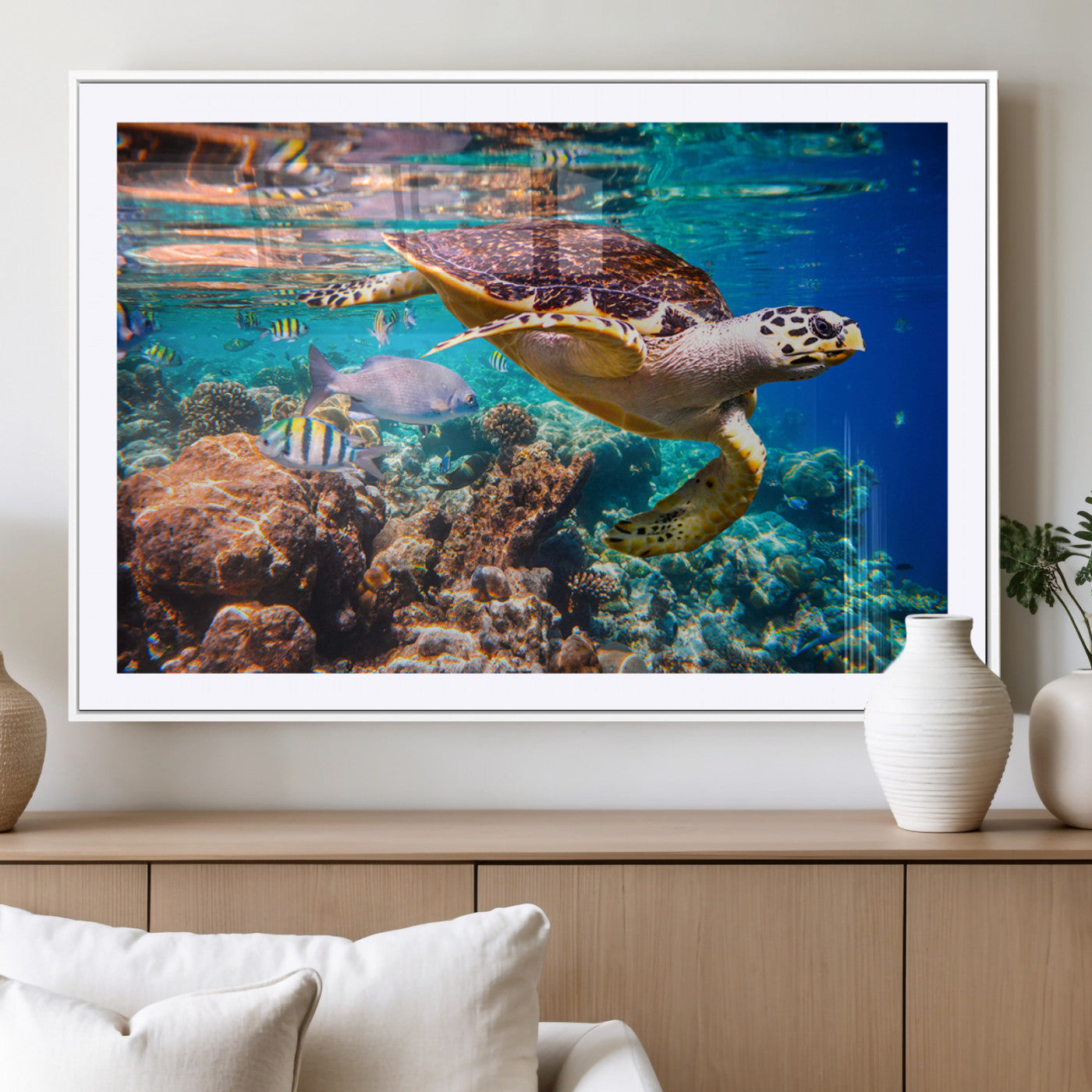 66614-MGV-CV-36X24-Sea Turtle Wall Art – Hawksbill Turtle Swimming Over Coral Reef Canvas Print, Ocean Marine Life Decor for Beach House, Coastal