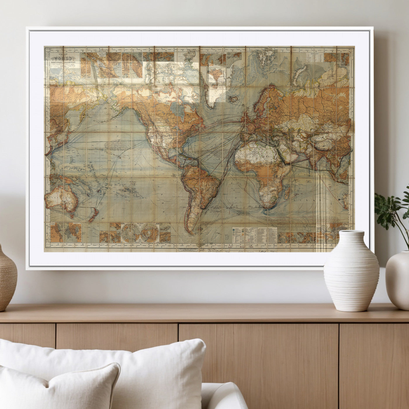 91338-MGC-FP-36x24_White-Antique World Map Wall Art – Vintage Historical Map Poster, Old-Style Cartography Print with Shipping Routes for Library, Study,