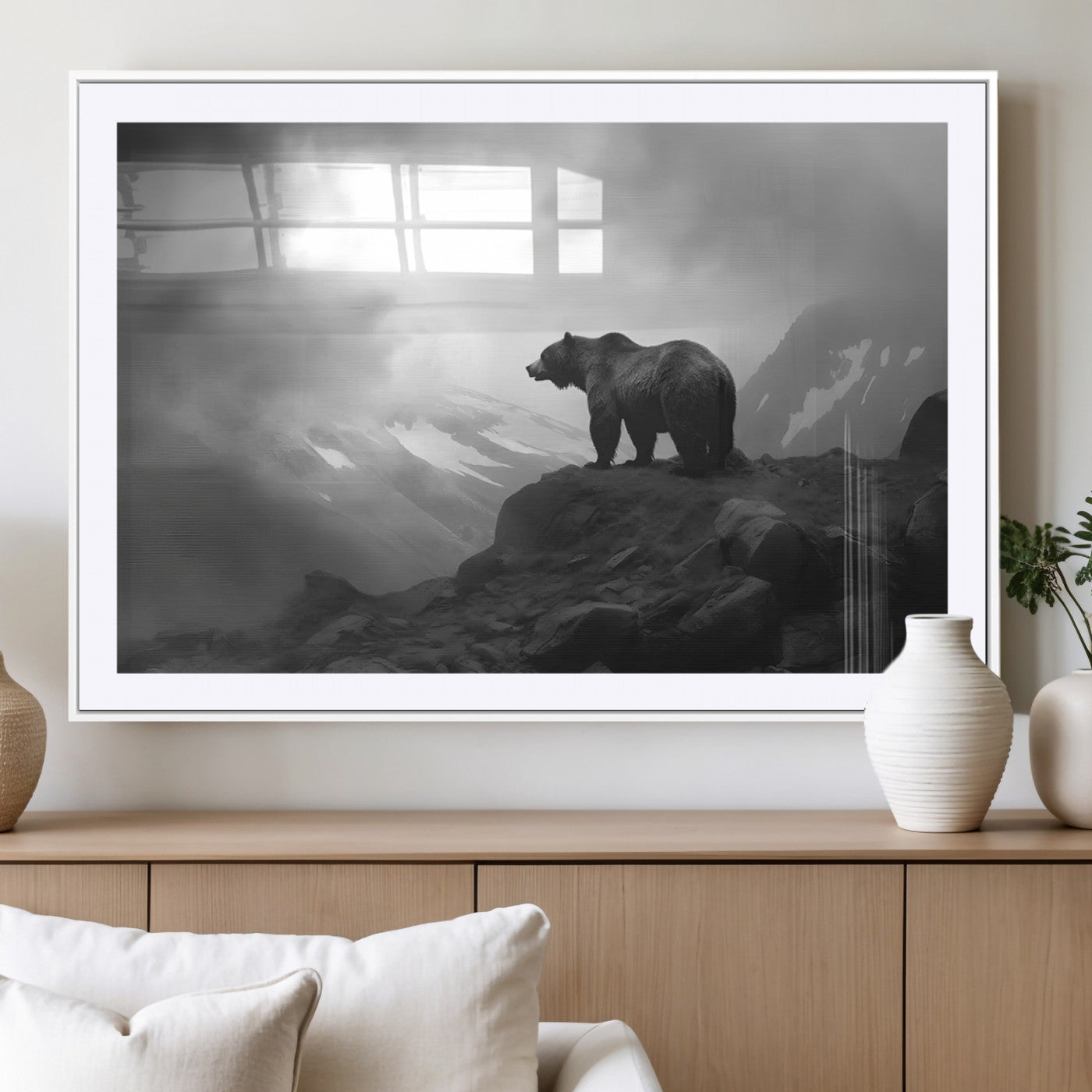 49504-MGC-FP-36x24_White-Black and White Grizzly Bear Wall Art – Wilderness Wildlife Painting, Rustic Mountain Cabin Decor, Monochrome Animal Print for
