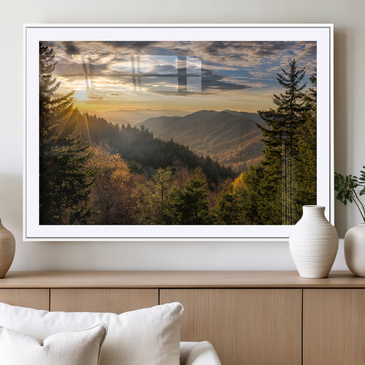 73692479-MGC-FP-36x24_White-Smoky Mountains Wall Art Canvas Print, Framed Forest Mountain Art Picture Print, Spring Mountain Perfect Spring Style Decor