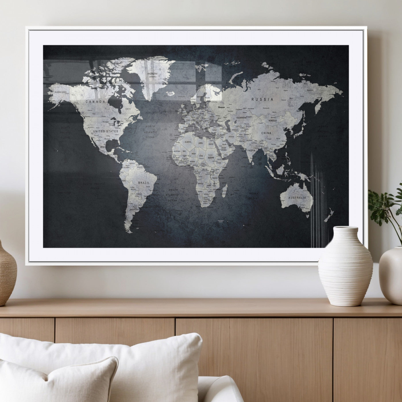 19124-MGV-CV-36X24-Modern World Map Wall Art – Black and White Canvas Print, Minimalist Global Map Decor for Office, Study, Bedroom or Living Room