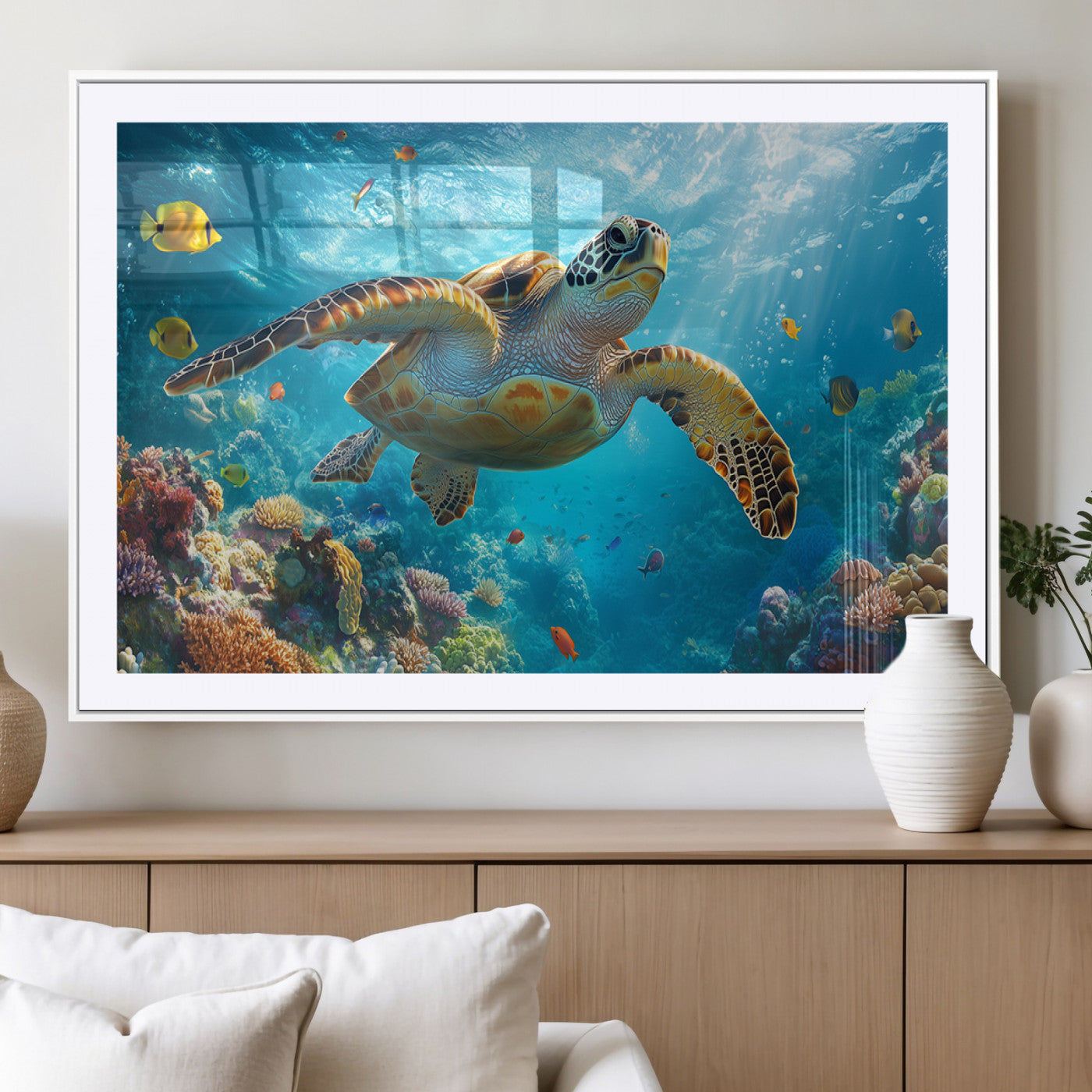 37623-MGV-CV-36X24-Sea Turtle Wall Art – Underwater Ocean Canvas Print with Coral Reef and Tropical Fish, Marine Life Painting Poster for Living