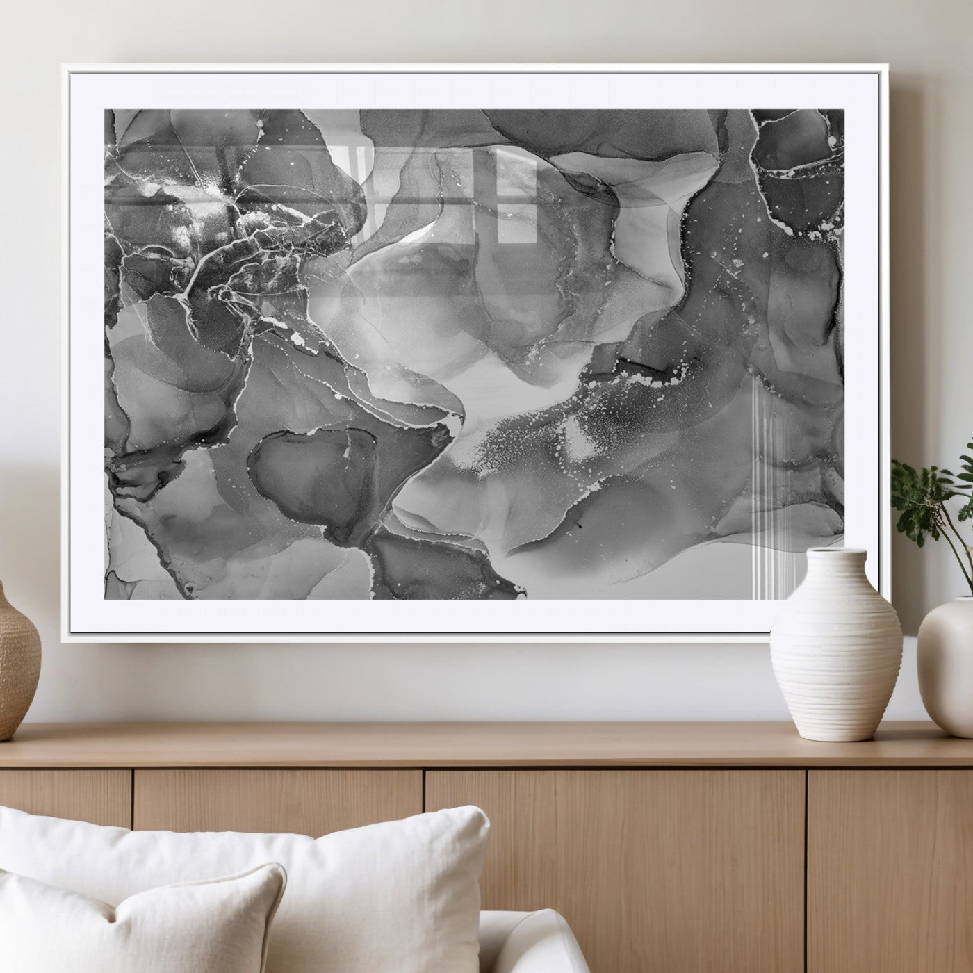 15911-MGC-FP-36x24_White-Black and White Abstract Wall Art – Modern Ink Swirl Canvas Print, Minimalist Contemporary Painting for Living Room, Bedroom,