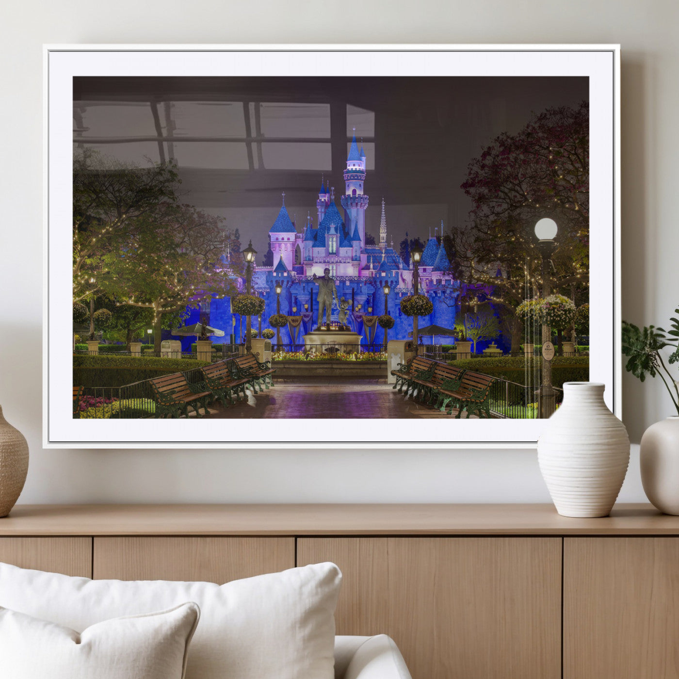 63560-MGV-CV-36X24-Fairy Tale Castle Wall Art – Magical Night Scene Canvas Print with Lights and Gardens, Fantasy Architecture Artwork for Living