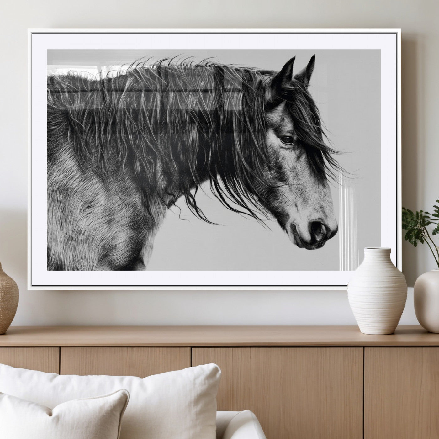 57694-MGV-CV-36X24-Horse Portrait Wall Art – Black and White Canvas Print with Detailed Stallion Profile, Rustic Farmhouse Equestrian Artwork for