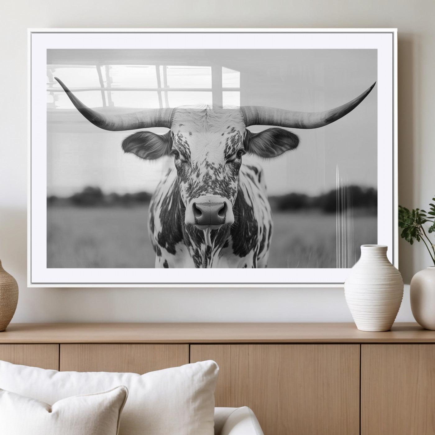 20272-MGV-CV-36X24-Texas Longhorn Wall Art – Black and White Cowboy Western Canvas Print, Rustic Farmhouse Cattle Photography Decor for Ranch, Barn