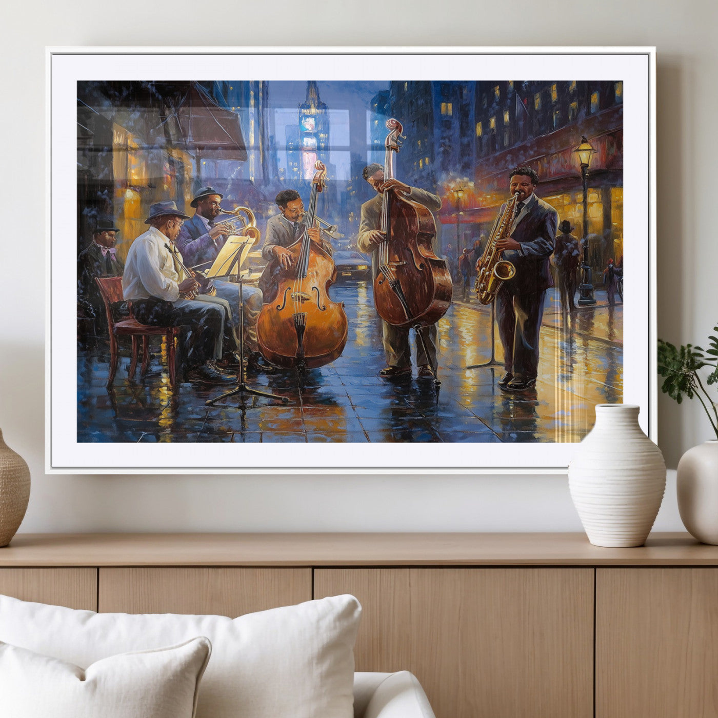 58694-MGV-CV-36X24-Jazz Street Band Wall Art – Colorful Music Canvas Print with Trumpet, Bass and Saxophone Players, Nightclub City Scene Artwork for