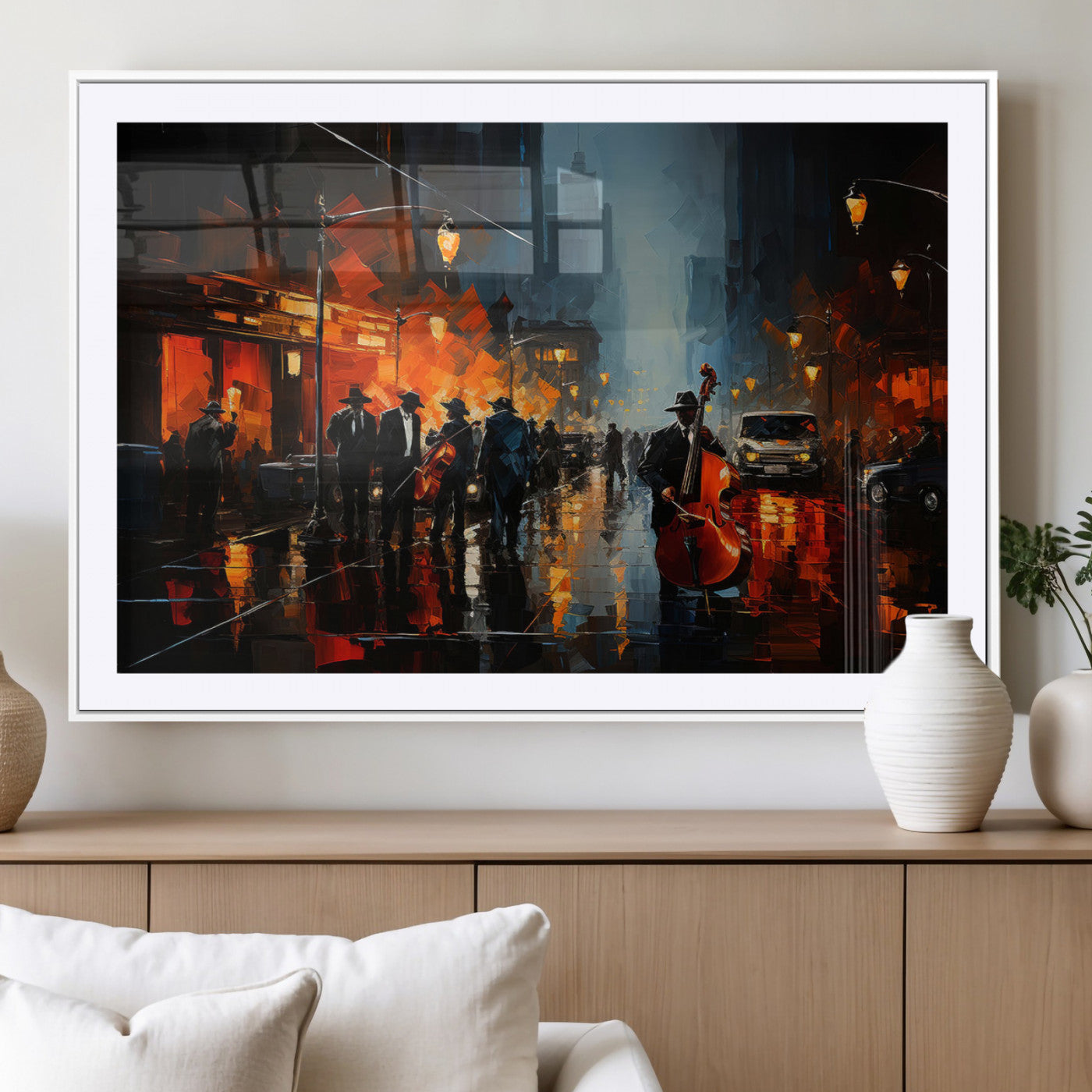 46538-MGV-CV-36X24-Urban Jazz Night Wall Art – Dramatic Music Canvas Print with Double Bass and Street Musicians, Modern City Scene Artwork for