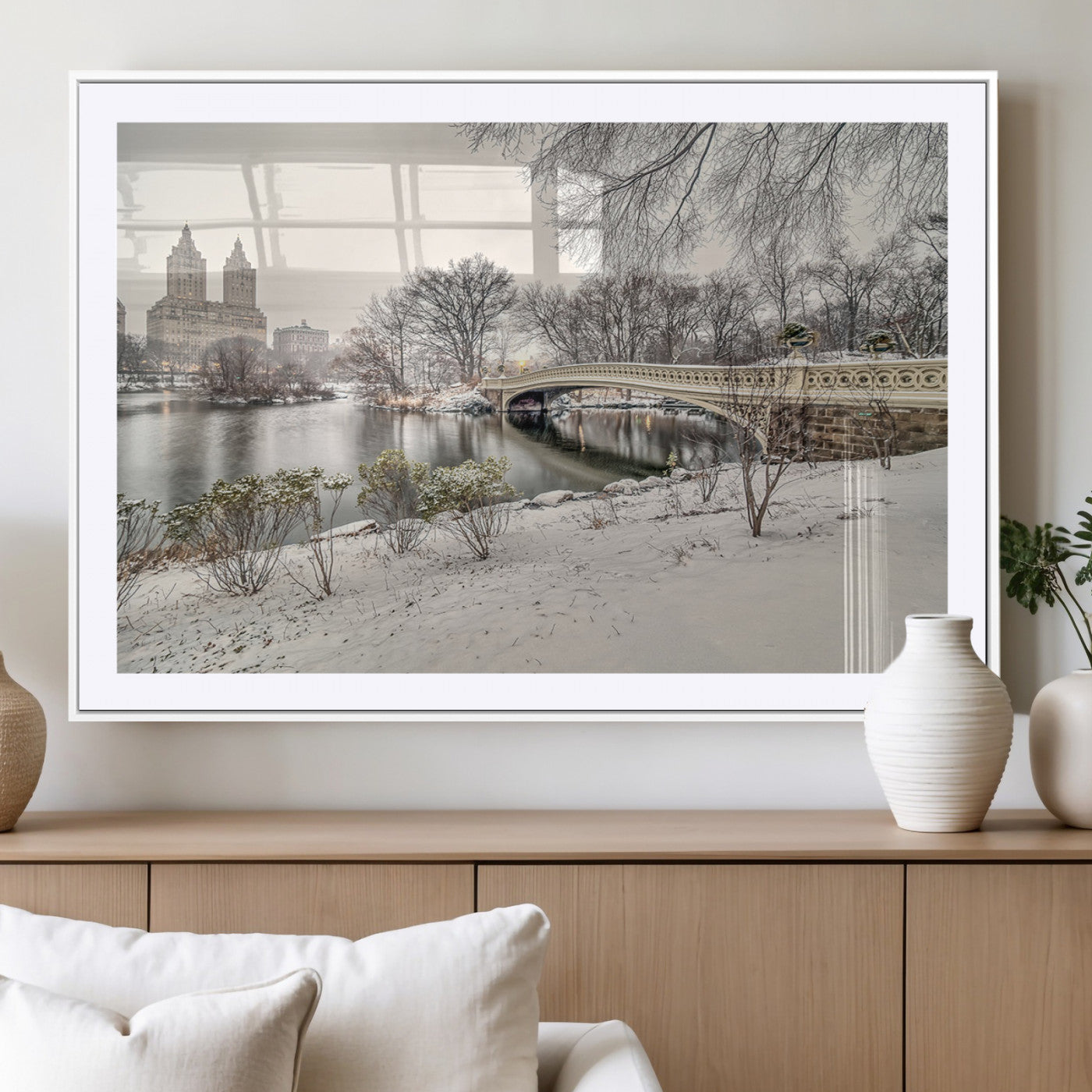 60292-MGV-CV-36X24-Central Park Winter Wall Art – Snowy Bow Bridge Canvas Print, Scenic New York City Landscape Photography for Living Room, Bedroom