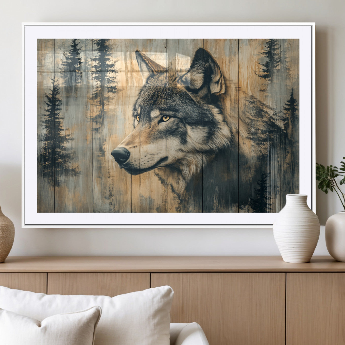 51892-MGC-FP-36x24_White-Wolf Wall Art – Rustic Canvas Print of Wolf with Forest Trees on Wood Texture, Wildlife Lodge Artwork for Living Room, Bedroom,