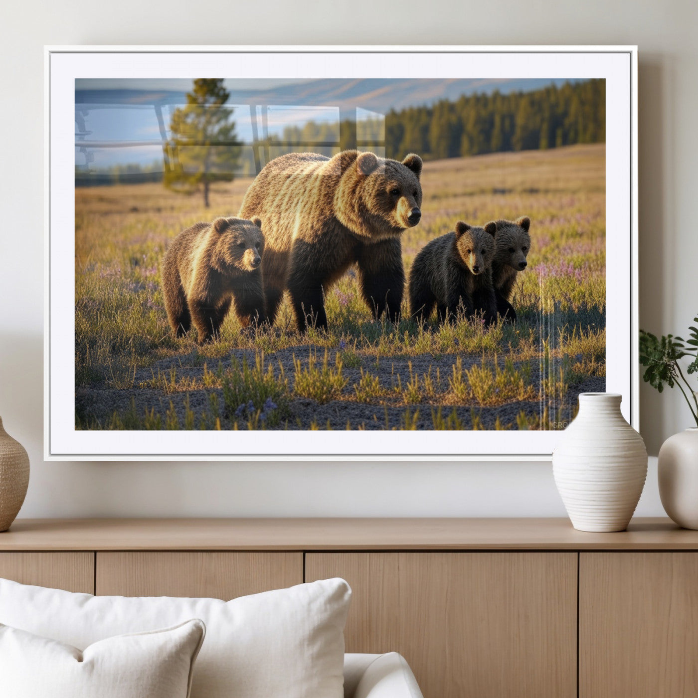 43400-MGV-CV-36X24-Bear Family Wall Art – Wildlife Canvas Print of Mother Bear with Cubs in Sunlit Meadow, Rustic Animal Artwork for Living Room,