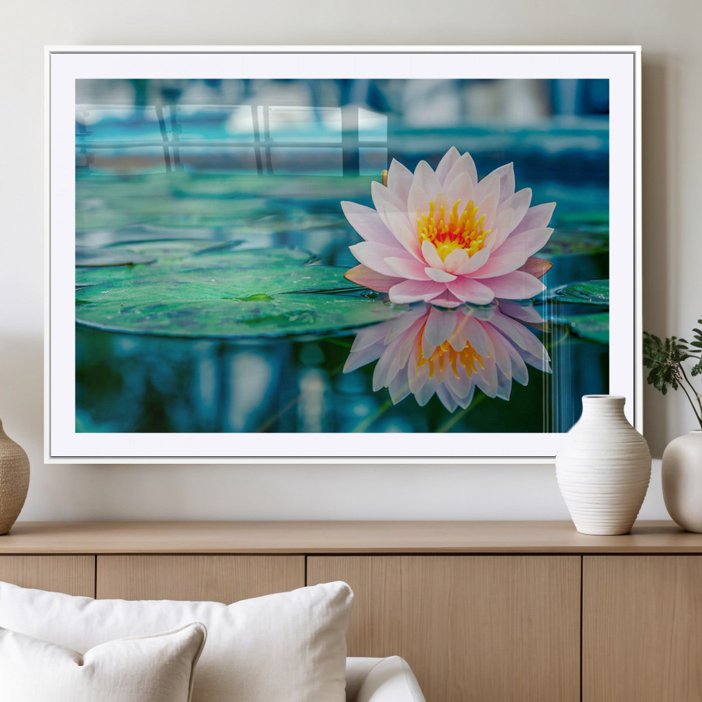 30320-MGV-CV-36X24-Pink Water Lily Wall Art – Lotus Flower Canvas Print with Reflection Water, Peaceful Botanical Artwork for Living Room, Bedroom,