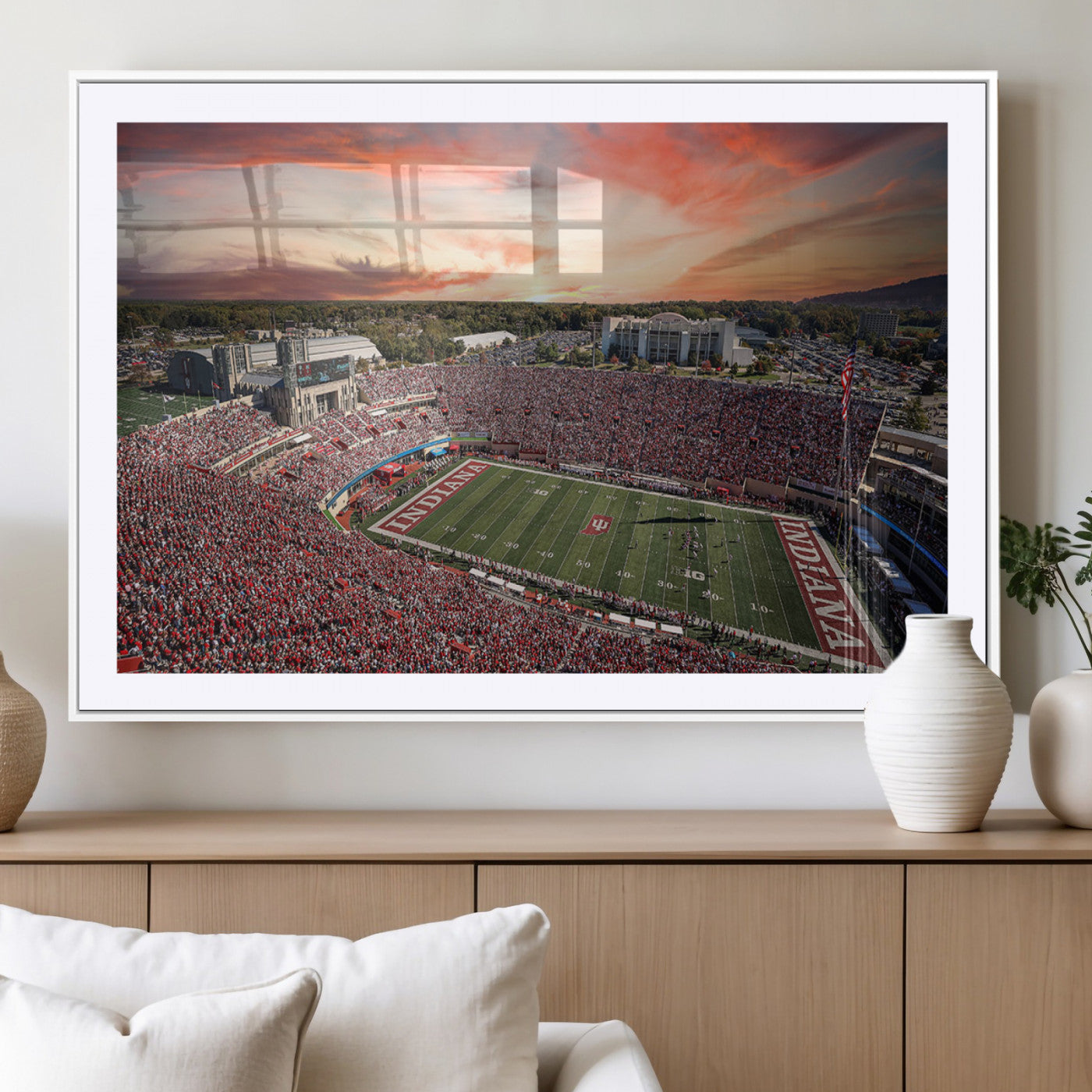 51135-MGV-CV-36X24-Indiana Hoosiers Stadium Wall Art – Panoramic Football Canvas Print with Game Day Crowd and Sunset Sky, Sports Artwork for Man