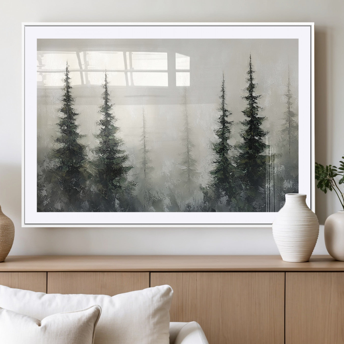 33241-MGV-CV-36X24-Misty Forest Wall Art Canvas Print, Framed Foggy Pines Art Picture Print, Forest Haze Perfect Rustic Minimalist Decor Artwork