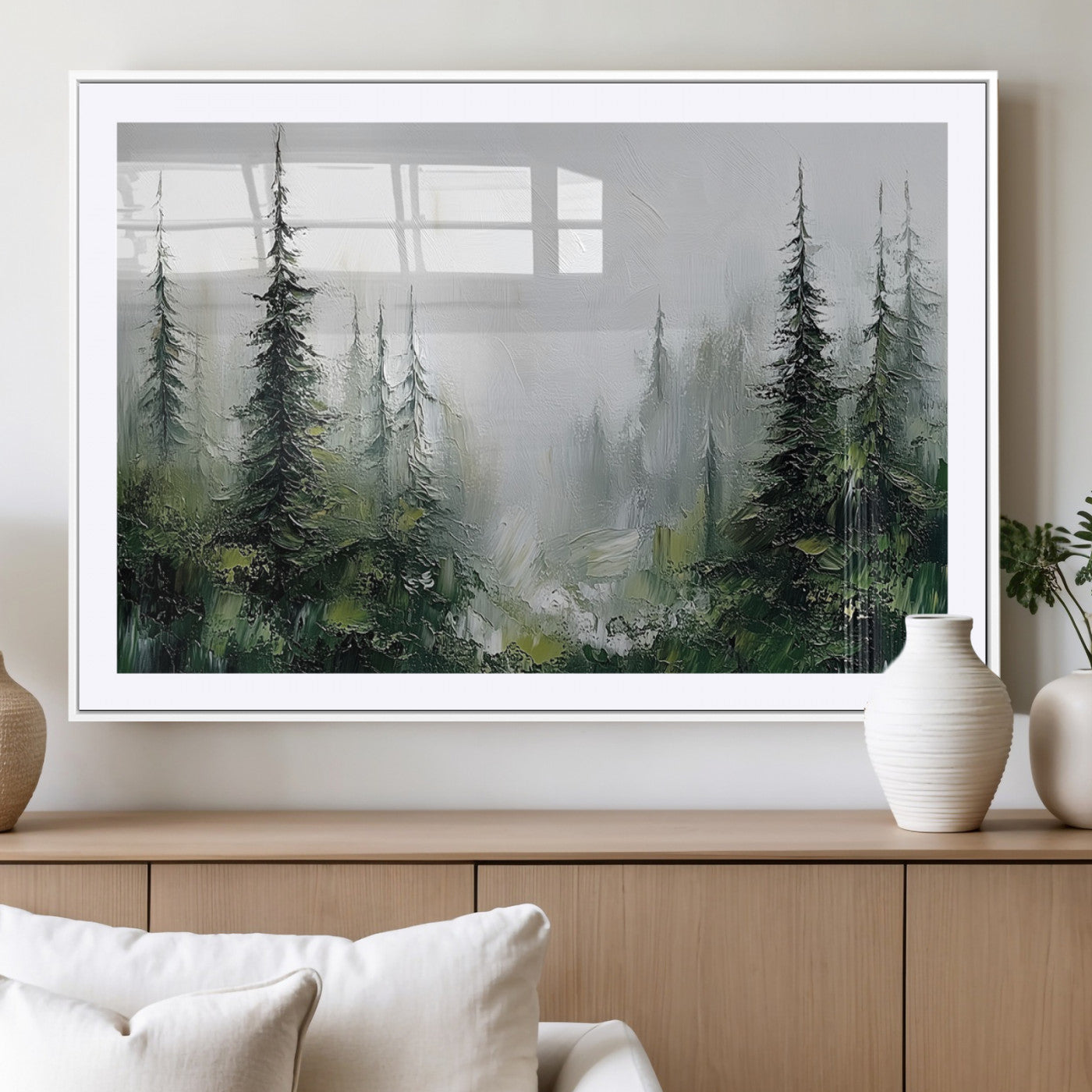 76014-MGC-FP-36x24_White-Forest Wall Art – Textured Canvas Print Featuring Misty Evergreen Pines and Woodland Landscape, Rustic Nature Artwork for Living