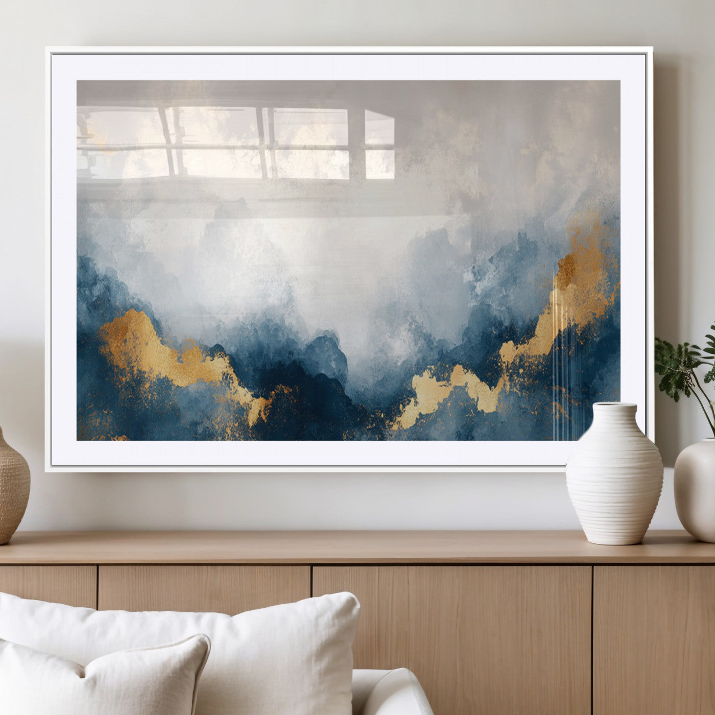 14578-MGV-CV-36X24-Abstract Wall Art – Modern Canvas Print Featuring Blue and White Clouds with Golden Accents, Contemporary Elegant Artwork for