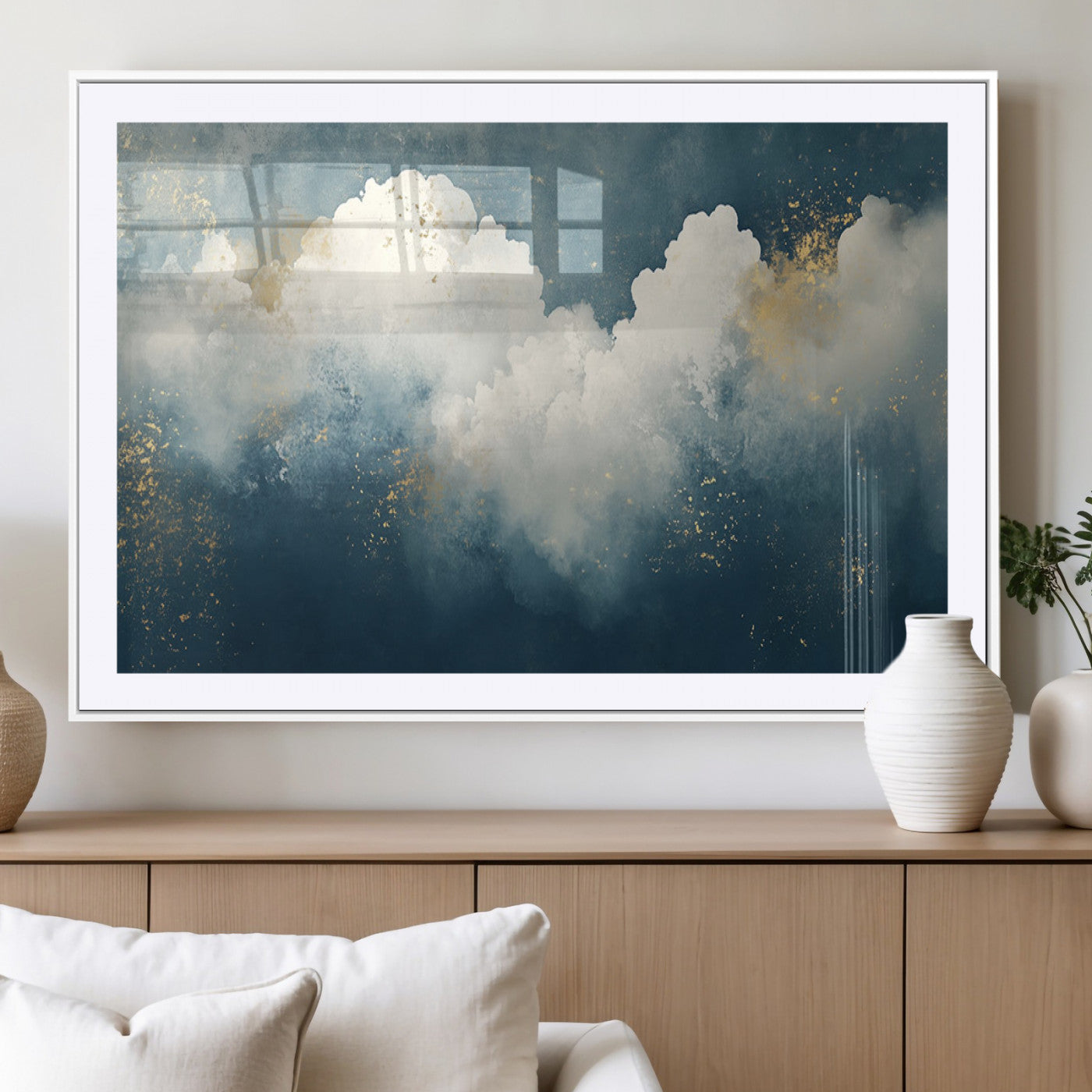 75131-MGV-CV-36X24-Abstract Cloud Wall Art – Modern Canvas Print Featuring Blue and White Clouds with Golden Accents, Contemporary Artwork for Living