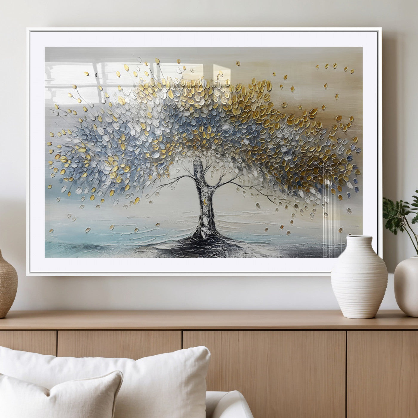 24771-MGC-FP-36x24_White-Silver Tree Wall Art Canvas Print, Framed Golden Leaves Art Picture Print, Metallic Tree Perfect Minimalist Luxury Decor Artwork