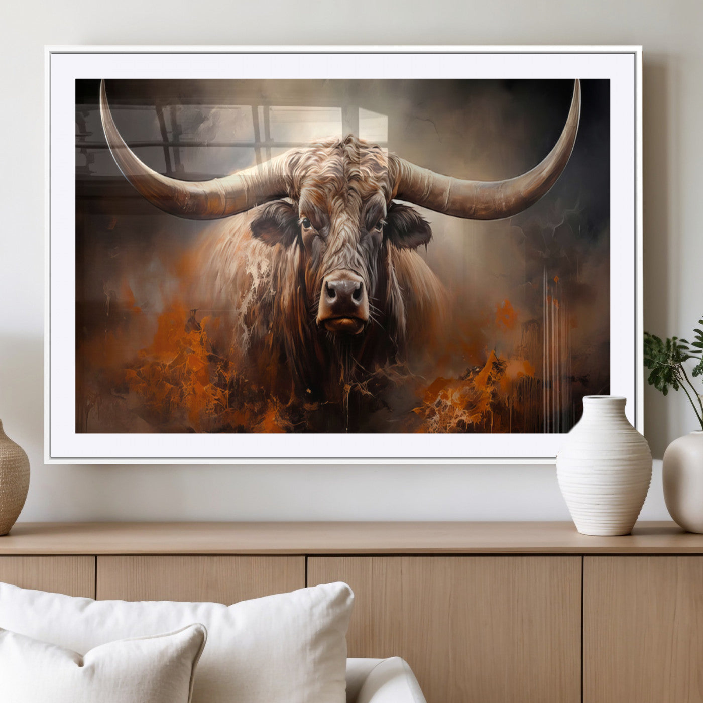 240479-MGV-CV-36X24-Longhorn Bull Wall Art – Dramatic Western Canvas Print Featuring Horned Bull with Fiery Background, Rustic Farmhouse Artwork for