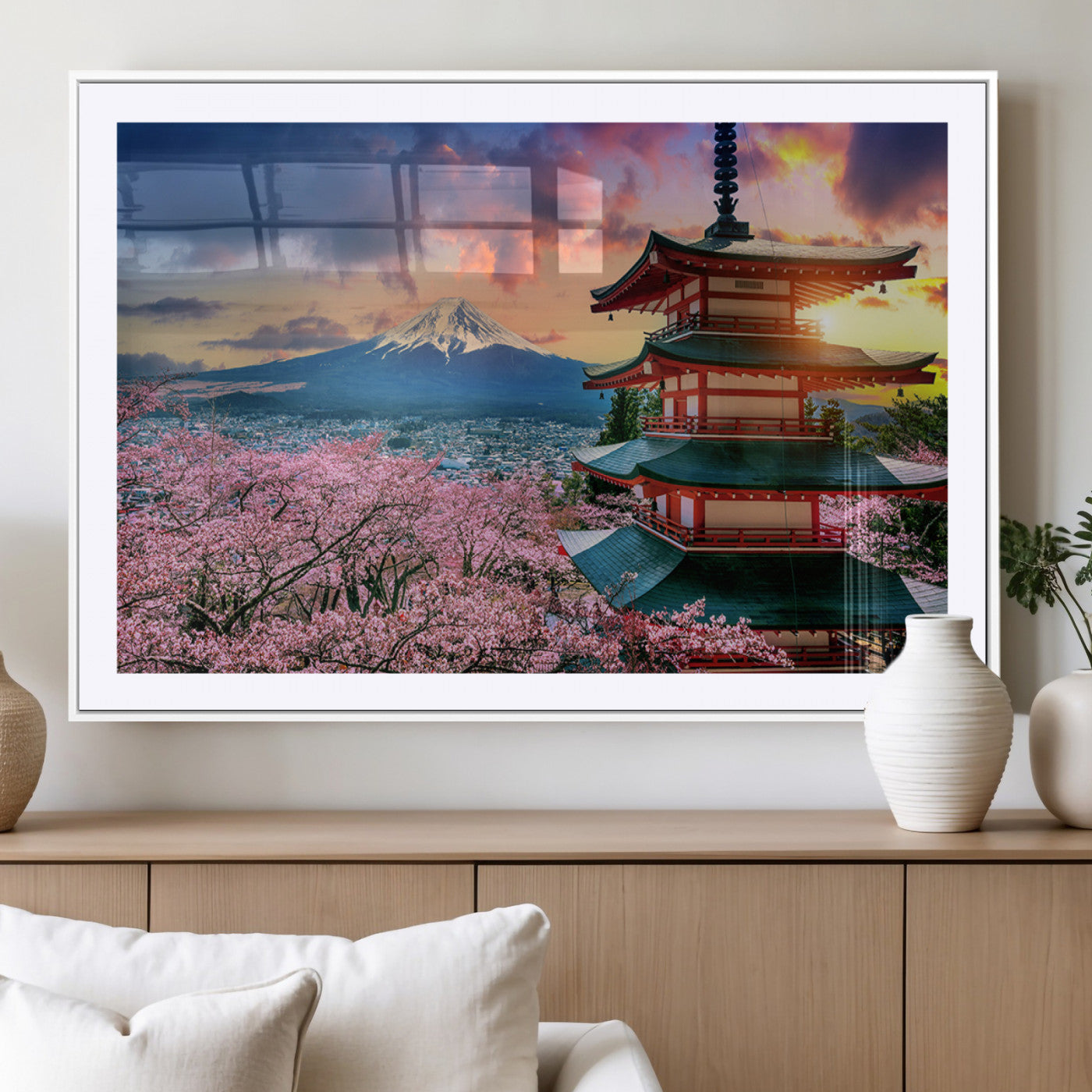 32331262-MGC-FP-36x24_White-Mount Fuji Japan Wall Art – Cherry Blossom Landscape Canvas Print, Chureito Pagoda Sunset Photography, Japanese Nature Travel