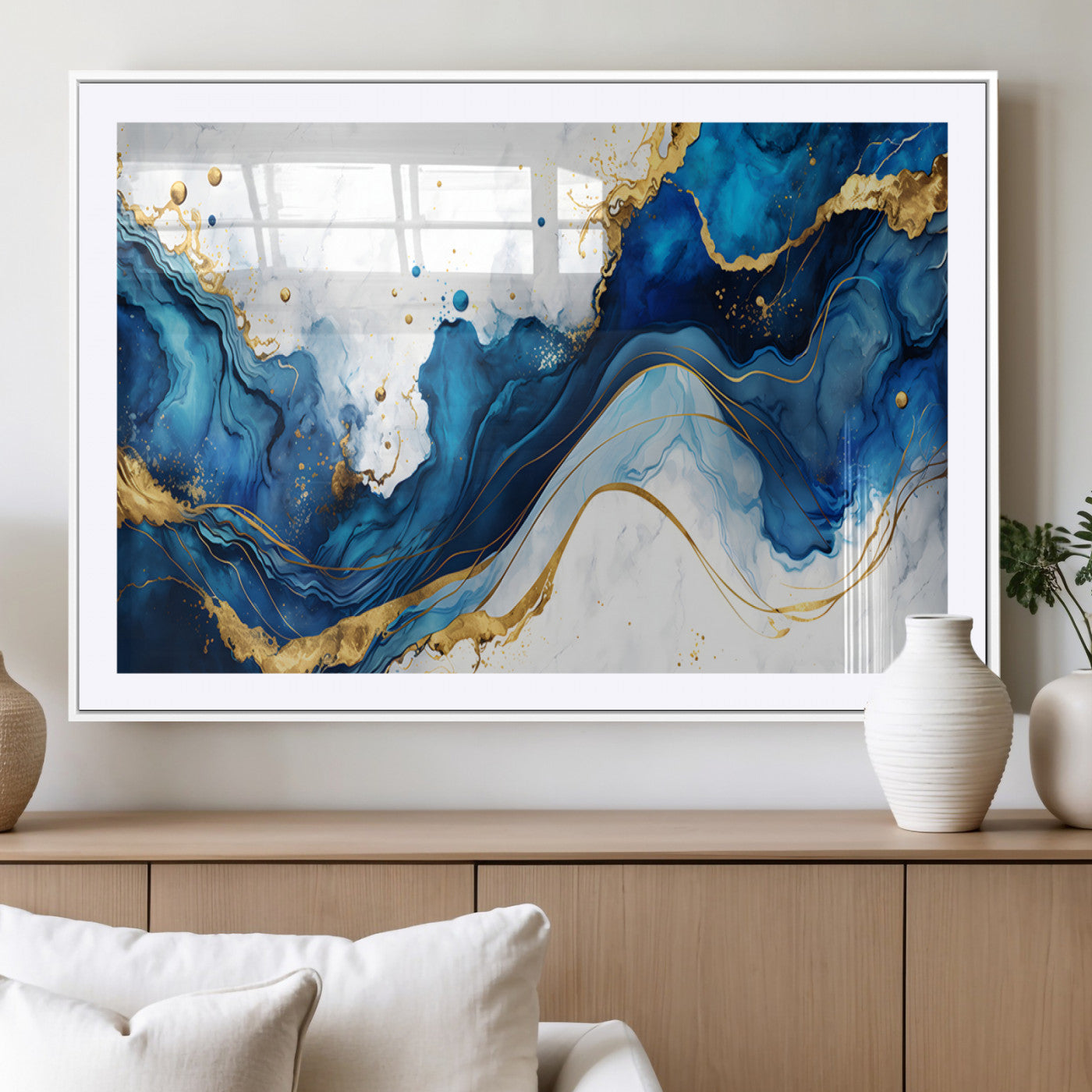 33506371-MGV-CV-36X24-Blue Marble Wall Art Canvas Print, Framed Gold Splash Art Picture Print, Abstract Wave Perfect Modern Luxe Decor Artwork