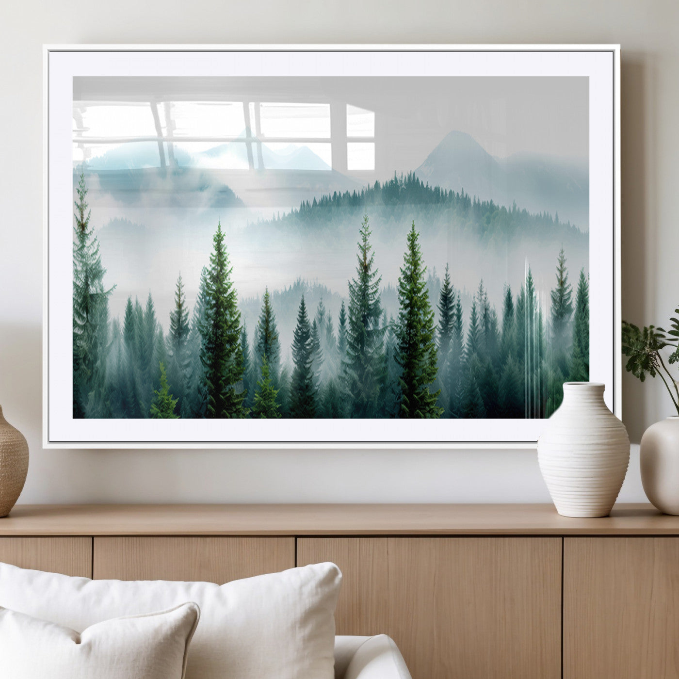 16716676-MGC-FP-36x24_White-Pine Forest Wall Art Canvas Print, Framed Misty Mountains Art Picture Print, Foggy Trees Perfect Moody Forest Decor Artwork