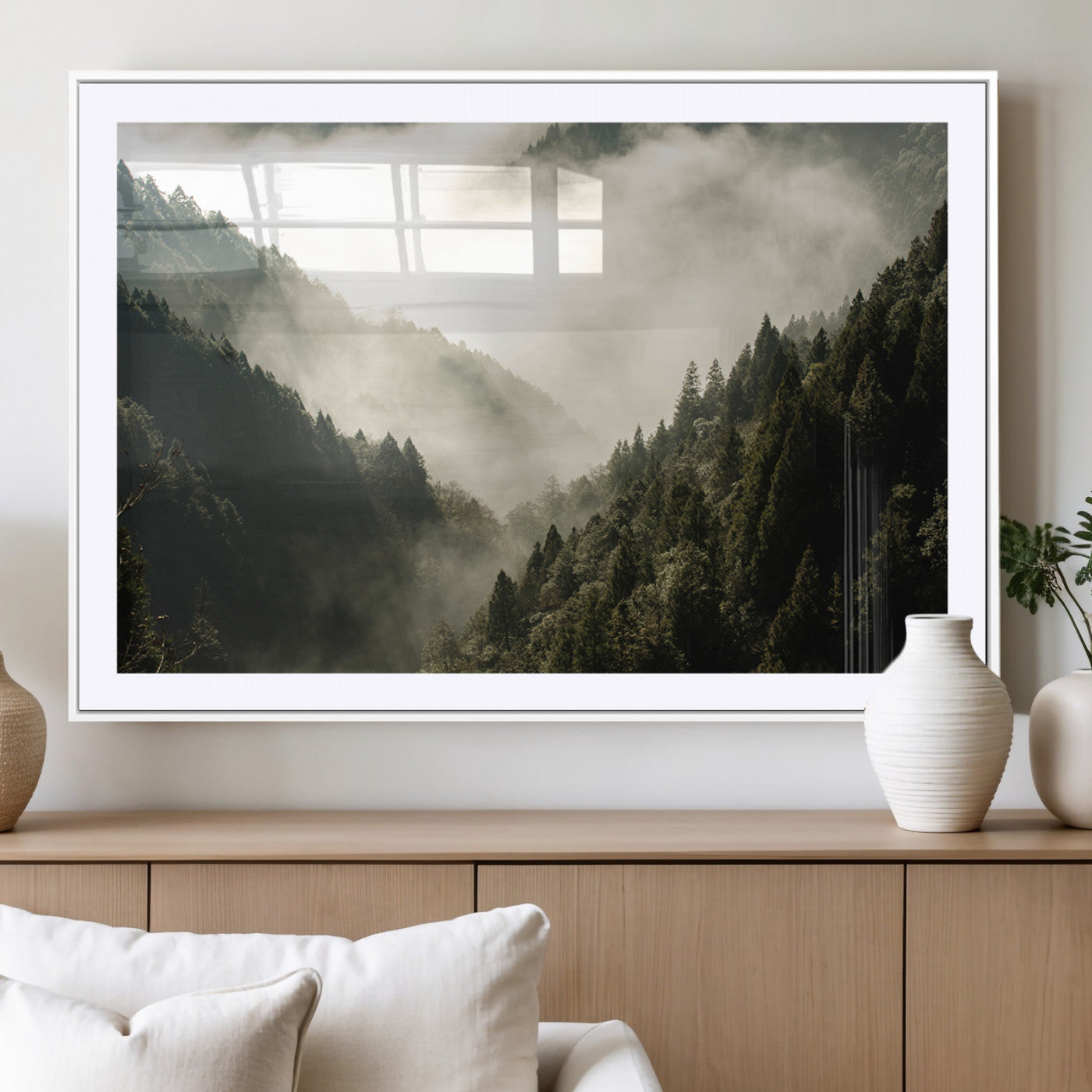 57570237-MGC-FP-36x24_White-Misty Valley Wall Art Canvas Print, Framed Foggy Forest Art Picture Print, Pine Trees Perfect Moody Woodland Decor Artwork